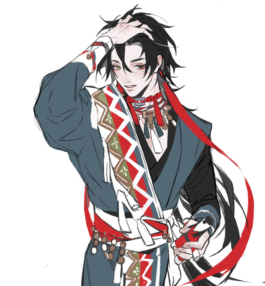 1boy, absurdres, black_hair, blue_robe, coin_(ornament), cowboy_shot, doll, elrohirz, eyelashes, green_eyes, hair_between_eyes, hair_ribbon, hand_in_own_hair, hand_on_own_head, hand_up, highres, holding, holding_doll, jewelry, long_hair, long_sleeves, looking_at_viewer, male_focus, mole, mole_on_hand, mole_under_eye, mole_under_mouth, necklace, original, red_ribbon, ribbon, sash, simple_background, sketch, solo, tassel, white_background