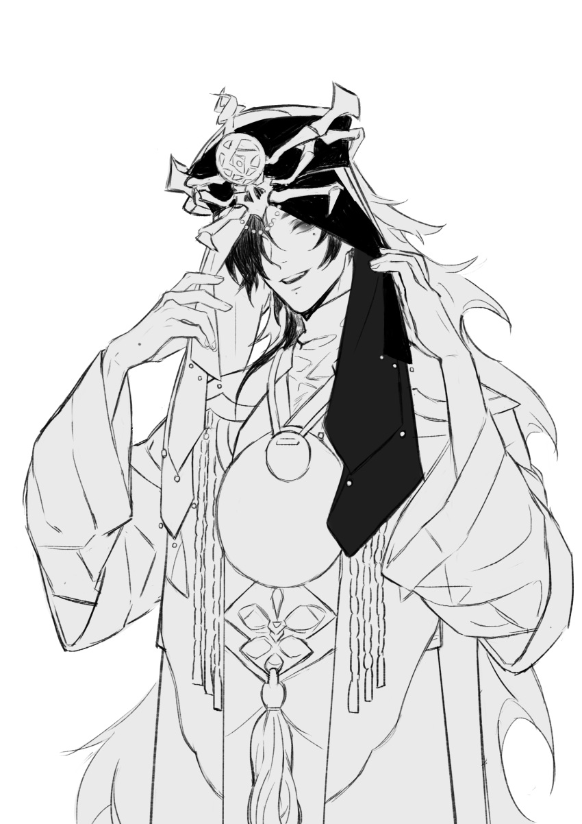 1boy, absurdres, beads, commentary, elrohirz, greyscale, hair_over_one_eye, hands_up