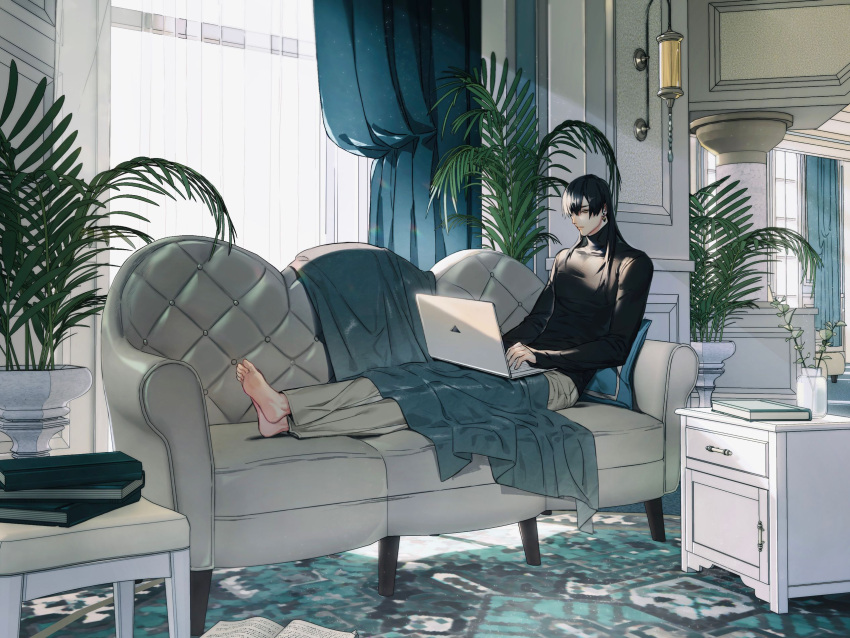 1boy, at_computer, bangs, barefoot, black_hair, black_sweater, blanket, book