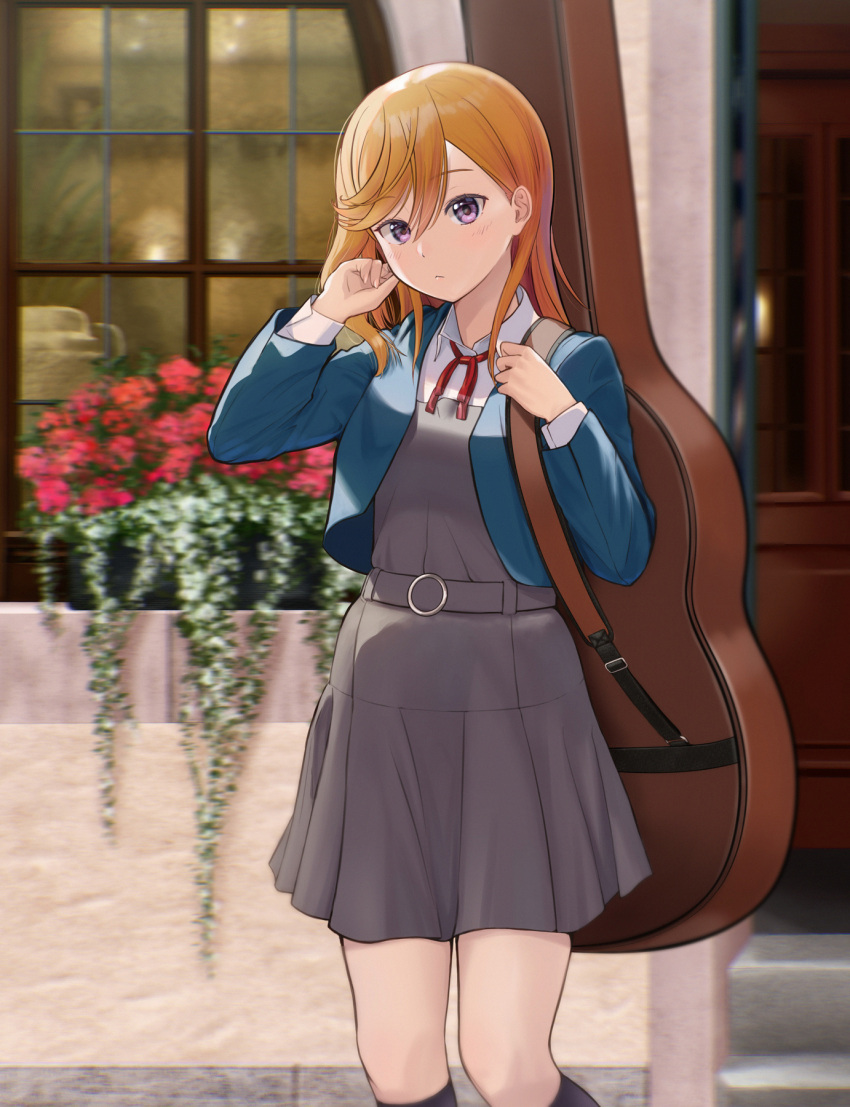 1girl, adjusting_hair, bangs, blue_jacket, brown_hair, closed_mouth, collared_shirt, day