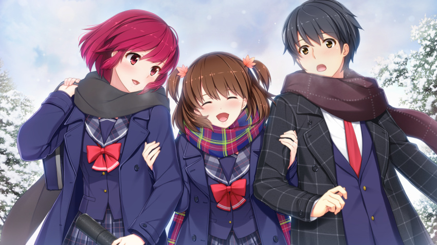1boy, 2girls, :d, ^_^, akino_subaru, black_coat, blue_vest, bow