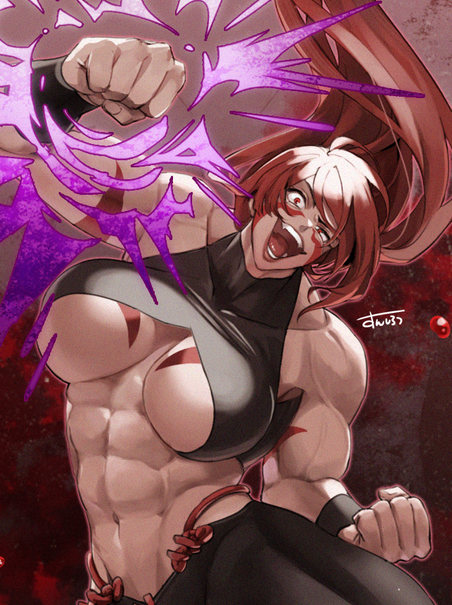 1girl, abs, bangs, biceps, body_markings, breast_tattoo, breasts, close-up