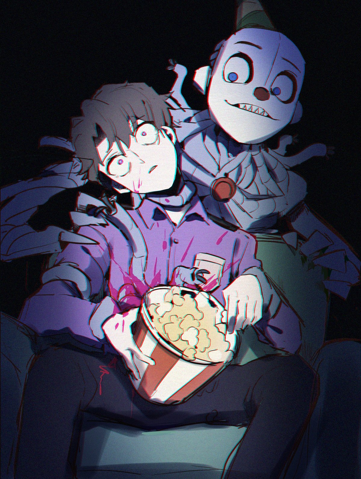 1boy, blood, blood_on_clothes, brown_hair, couch, ennard, five_nights_at_freddy's, five_nights_at_freddy's:_sister_location, food, fullbban_g, highres, holding, holding_food, michael_afton, popcorn, purple_shirt, security_guard, shirt, short_hair, sitting, violet_eyes
