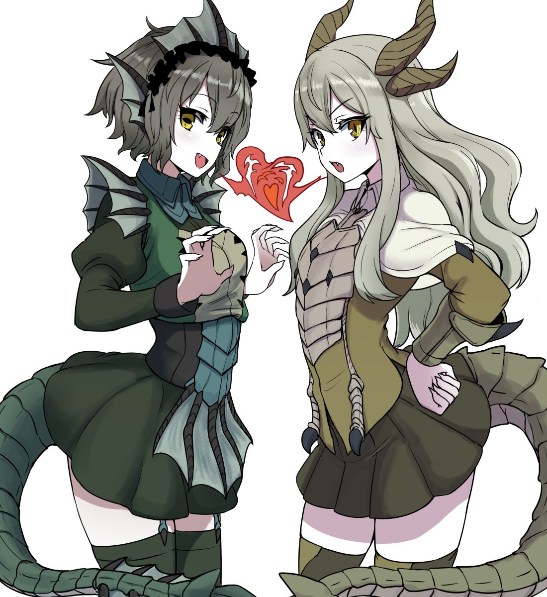 2girls, armor, armored_dress, blush, brown_hair, dragon, dragon_girl, fangs