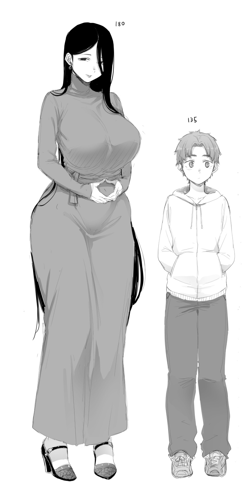 1boy, 1girl, absurdres, bangs, breasts, curvy, full_body, greyscale