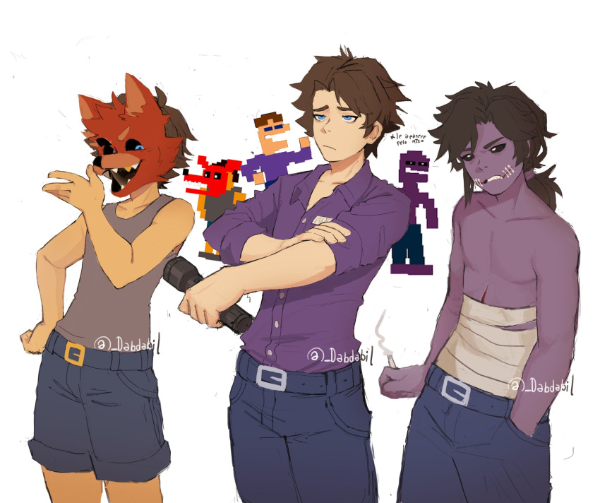 1boy, age_progression, bandages, black_sclera, blue_eyes, brown_hair, colored_sclera, colored_skin