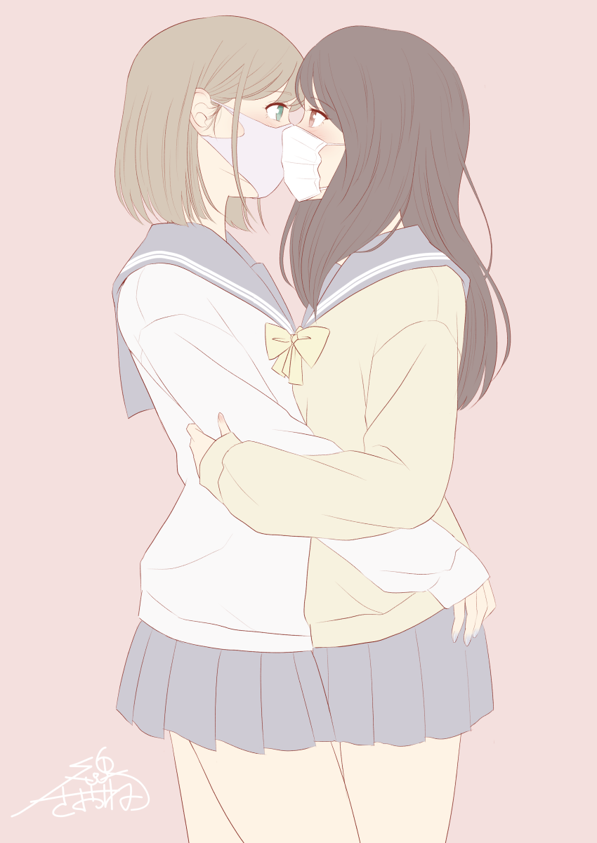 2girls, aqua_nails, black_hair, blue_skirt, blush, brown_hair, closed_eyes, commentary_request