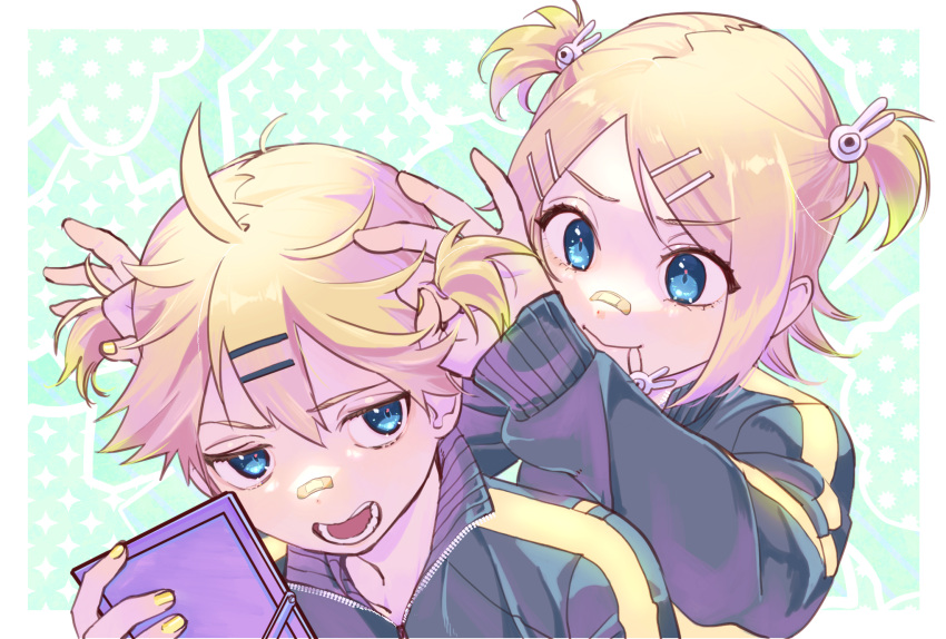1boy, 1girl, :>, ahoge, annoyed, bandaid, bandaid_on_face, bandaid_on_nose, bangs, blonde_hair, blue_eyes, bunny_hair_ornament, flipped_hair, hair_ornament, hair_tie_in_mouth, hairclip, highres, holding, holding_mirror, jacket, jitome, kagamine_len, kagamine_rin, long_sleeves, looking_at_another, mirror, mouth_hold, naimaze_atakamo, open_clothes, parted_bangs, short_hair, short_twintails, sleeves_past_wrists, smile, thick_eyebrows, track_jacket, twintails, tying_hair, v-shaped_eyebrows, vocaloid