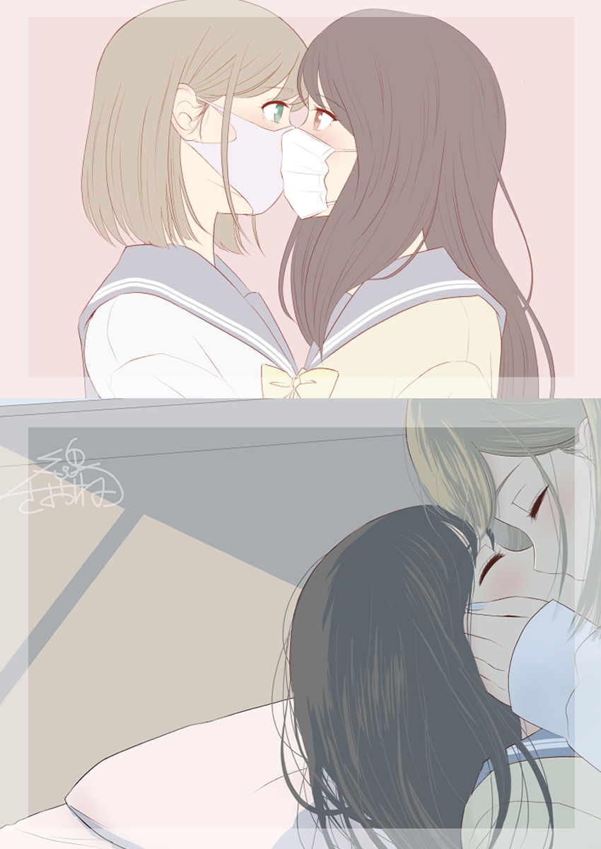 2girls, aqua_nails, black_hair, blue_sailor_collar, blush, brown_hair, closed_eyes, eye_contact