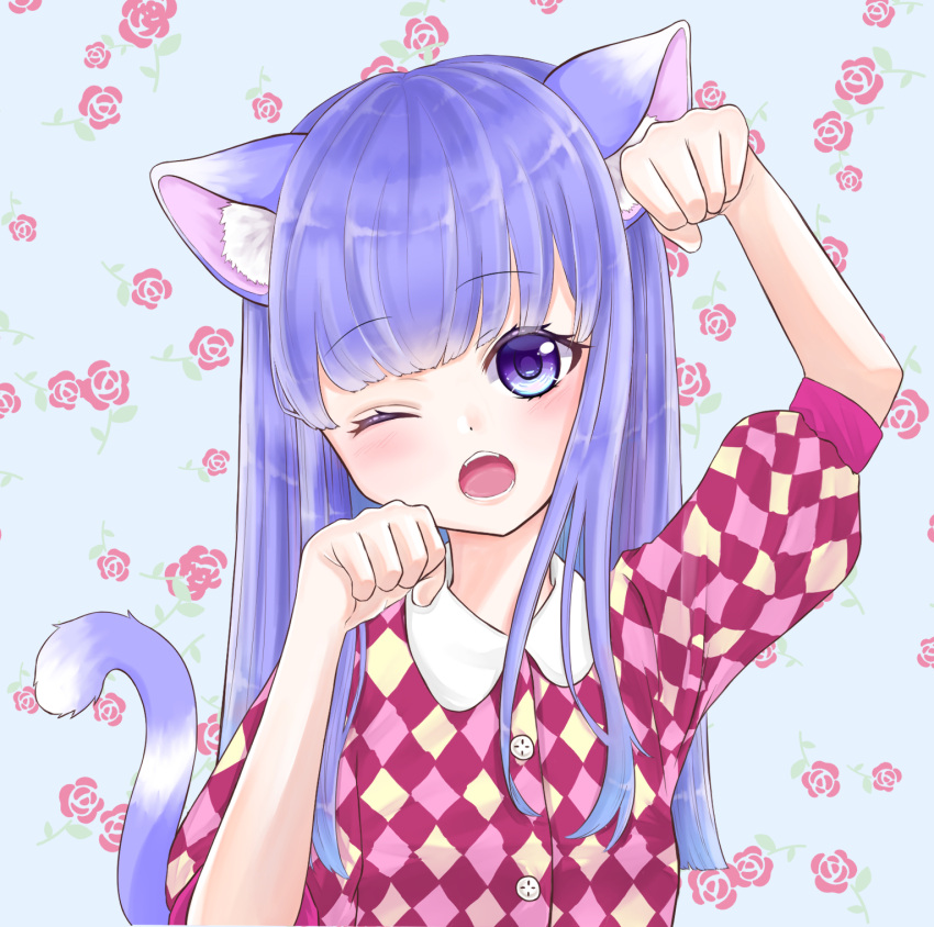 1girl, :3, :d, ;), animal_crossing, animal_ears, argyle, argyle_dress, arms_up, bangs, bare_arms, bare_shoulders, blush, breasts, cat, cat_ears, cat_girl, cat_tail, character_name, closed_eyes, closed_mouth, commentary_request, dress, eyebrows_visible_through_hair, fingerless_gloves, fingernails, flower-shaped_hair, gloves, hair_between_eyes, hair_ornament, hand_on_hip, hand_on_own_chest, head_tilt, highres, leaning_forward, looking_at_viewer, medium_breasts, multicolored_clothes, multicolored_dress, multiple_views, one_eye_closed, open_mouth, pencil_dress, personification, photoshop_(medium), pumps, rosie_(animal_crossing), sleeveless, sleeveless_dress, slit_pupils, smile, star_(symbol), star_hair_ornament, tail, too_co_7020, upper_body, waving