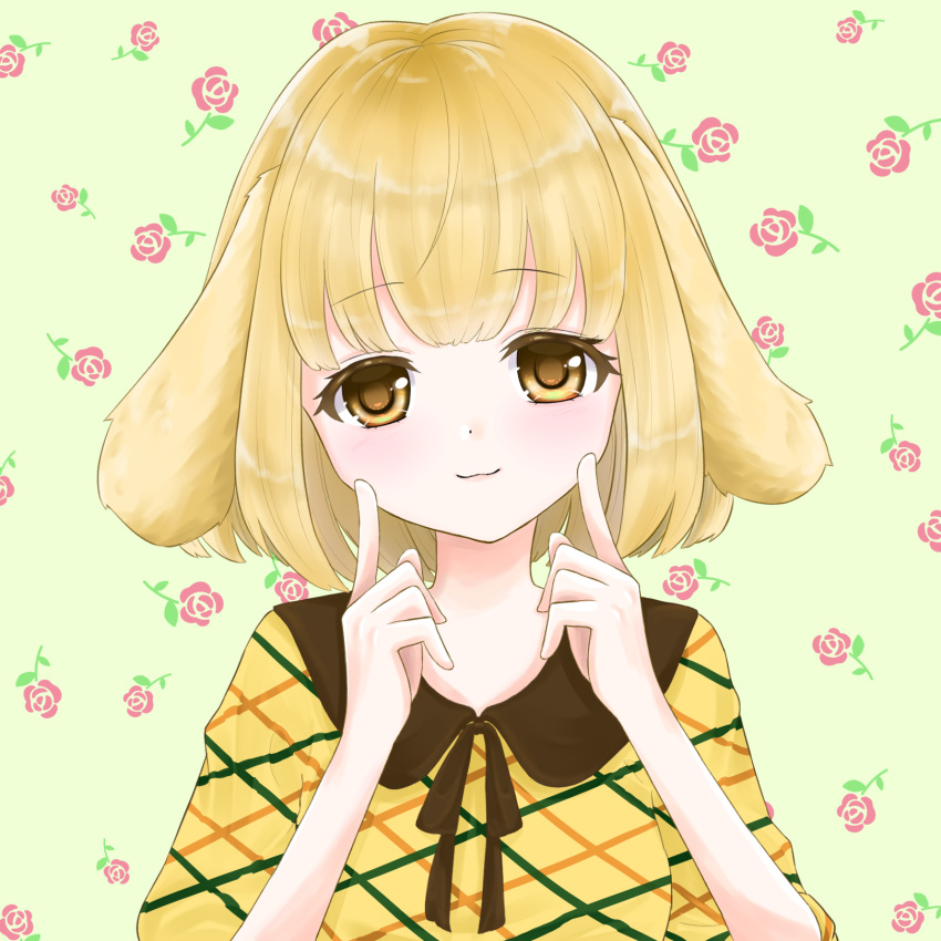 1girl, animal_crossing, animal_ears, blonde_hair, blush, breasts, closed_mouth, commentary_request, dog_ears, dress, eyebrows_visible_through_hair, floral_background, goldie_(animal_crossing), highres, looking_at_viewer, medium_breasts, medium_dress, personification, rose_background, smile, solo, too_co_7020, yellow_dress, yellow_eyes