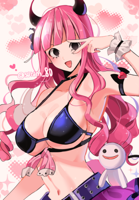 1girl, :d, armband, bikini, bikini_top_only, black_eyes, blush, drill_hair, eyelashes, ghost, horns, joman, long_hair, looking_at_viewer, midriff, navel, one_piece, perona, pink_hair, purple_skirt, skirt, smile, solo, swimsuit, twitter_username, upper_body, v, very_long_hair