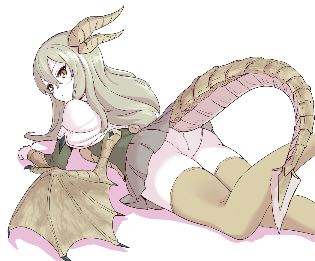 armor, armored_dress, blush, dragon, dragon_girl, green_hair, horns, miniskirt