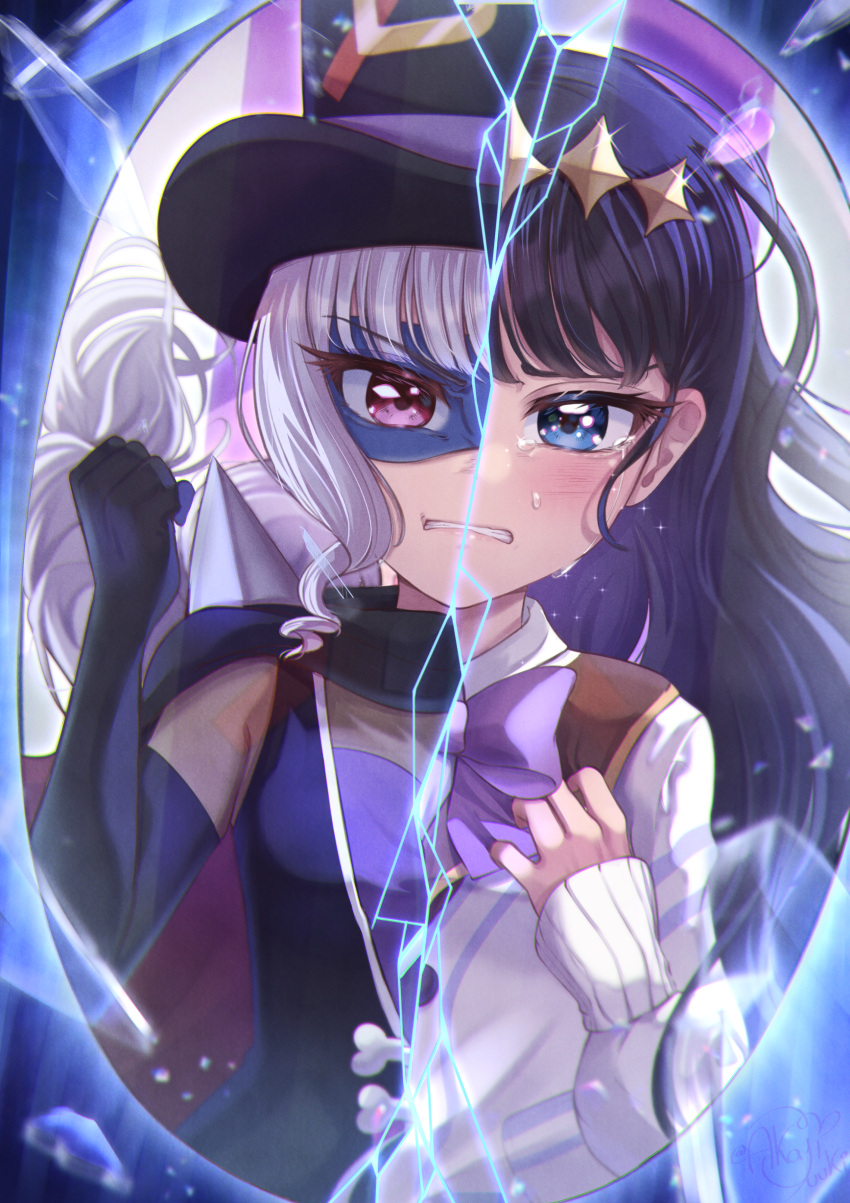 2girls, absurdres, akajiyuuki, black_gloves, black_hair, black_headwear, blue_eyes, blush, bow, cape, clenched_teeth, crying, crying_with_eyes_open, delicious_party_precure, diamond_hairband, dual_persona, elbow_gloves, gentlu_(precure), gloves, hat, heterochromia, highres, kasai_amane, long_hair, mask, multiple_girls, precure, purple_bow, school_uniform, shinsen_middle_school_uniform, shirt, split_theme, tearing_up, tears, teeth, top_hat, upper_body, violet_eyes, white_hair, white_shirt