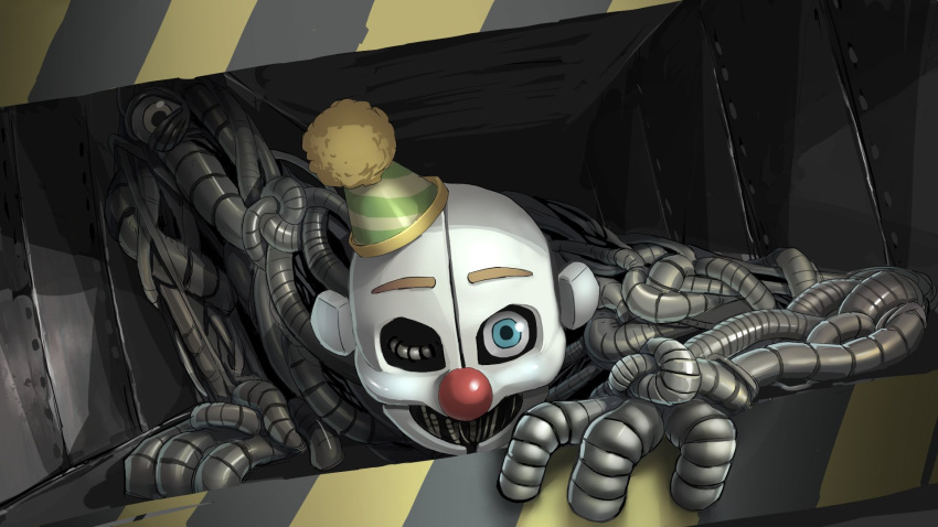 all_fours, blue_eyes, clown_nose, crawling, ennard, five_nights_at_freddy's, five_nights_at_freddy's:_sister_location, hat, highres, oyoso_goku, party_hat, solo