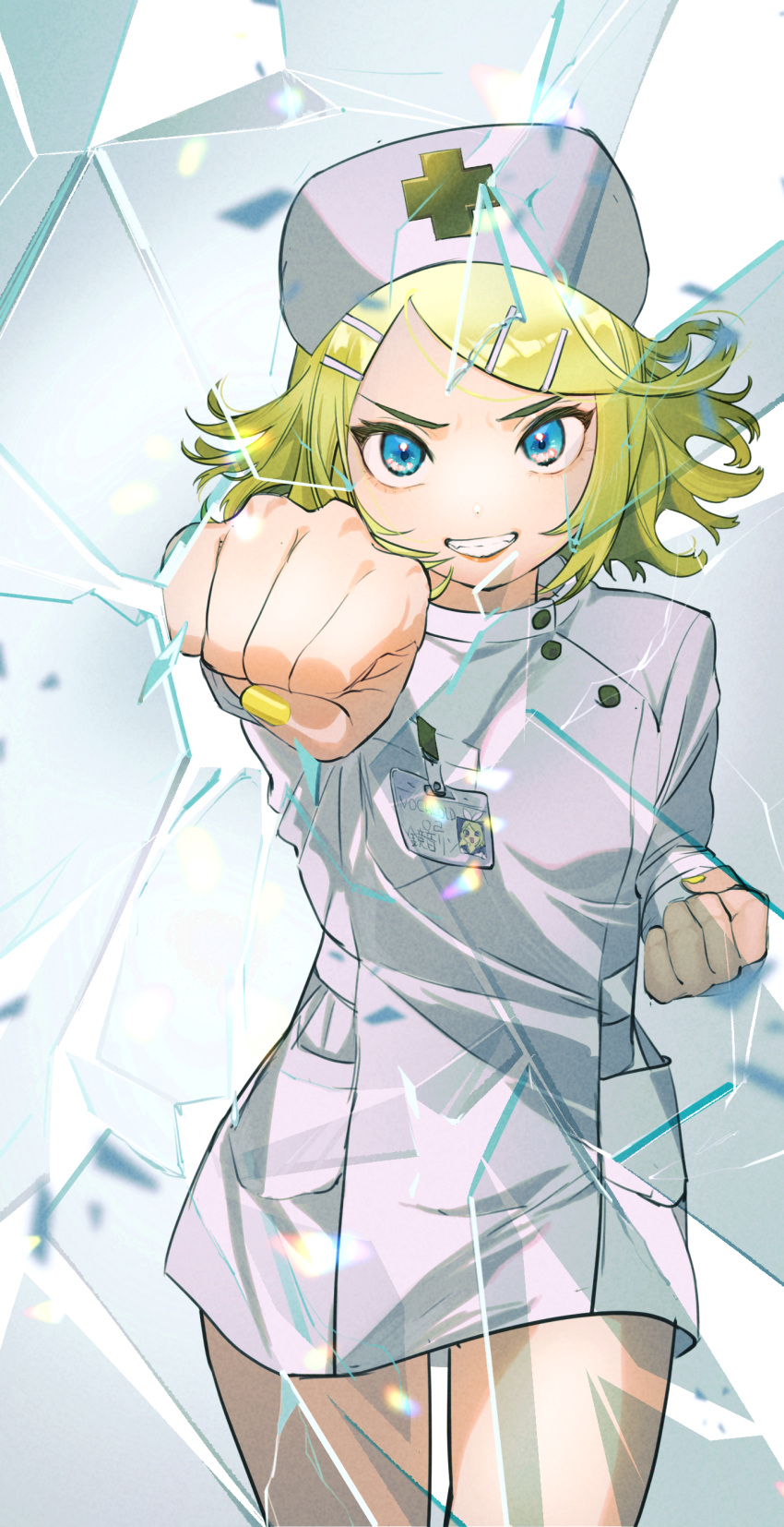 1girl, absurdres, bangs, blonde_hair, blue_eyes, broken_glass, flipped_hair, glass