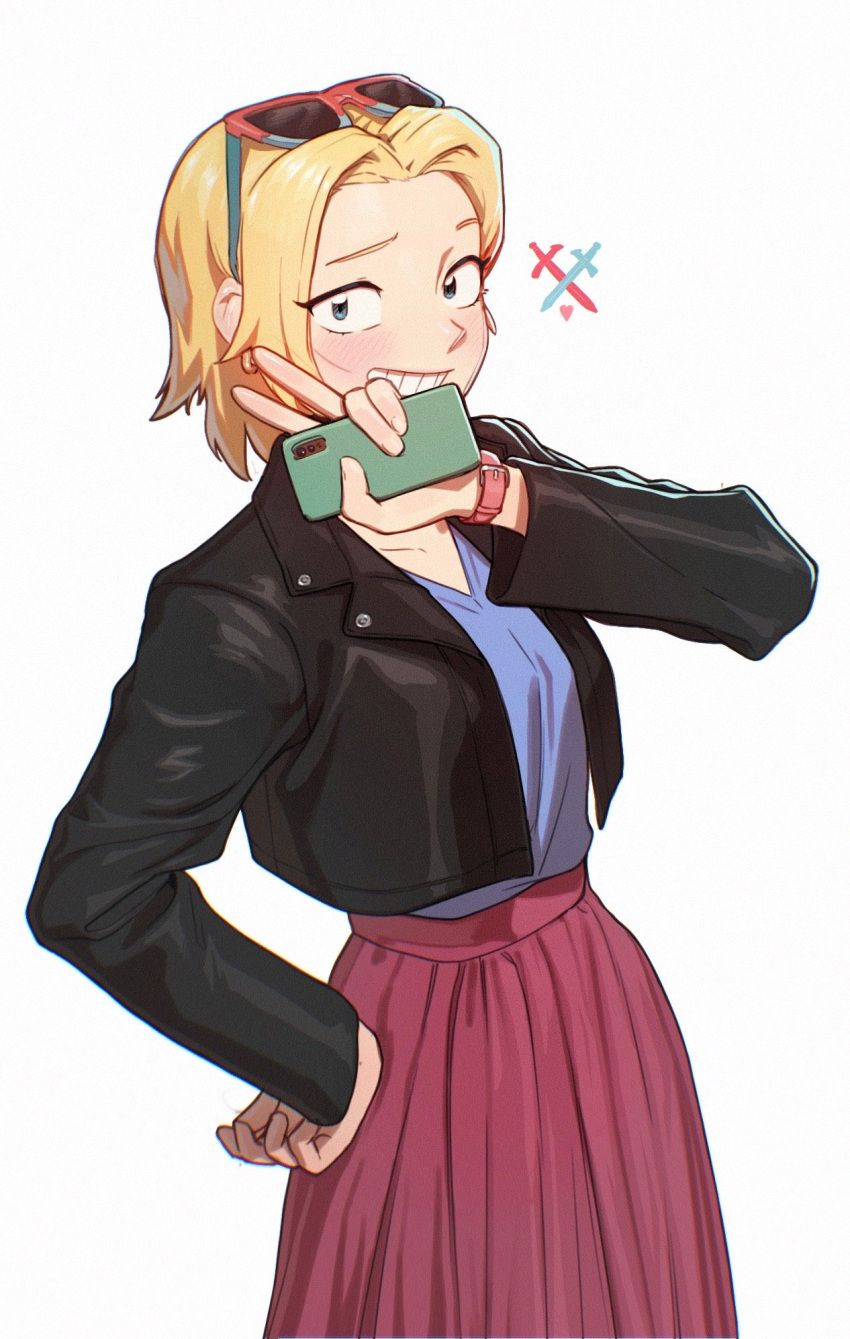 1girl, amphibia, arm_up, black_jacket, blonde_hair, blue_eyes, blue_shirt, blush