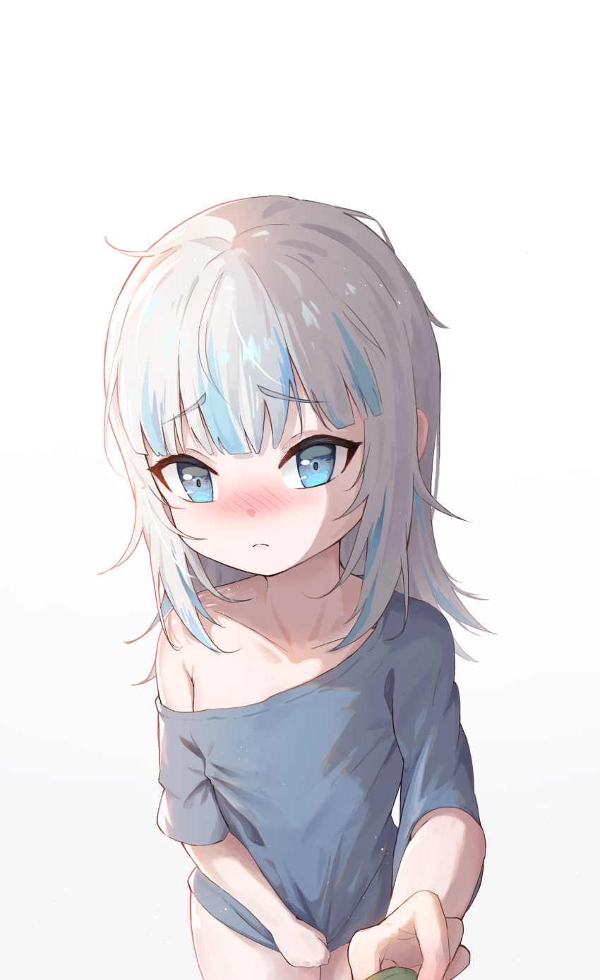 1girl, absurdres, bangs, blue_eyes, blue_hair, blue_shirt, blunt_bangs, blush