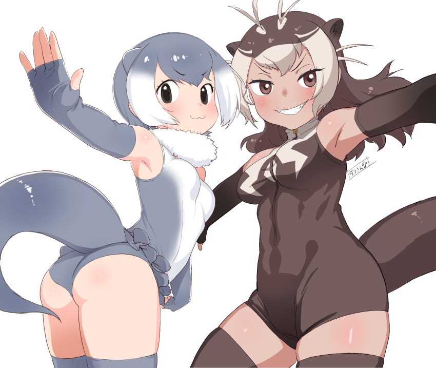 2girls, :3, animal_ears, bare_shoulders, blush, brown_eyes, brown_gloves, brown_hair