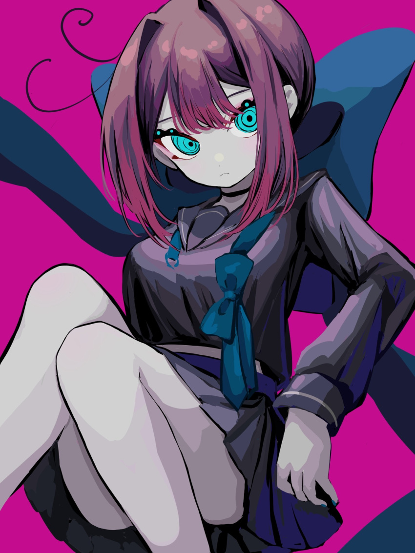 1girl, ahute, antenna_hair, bangs, bare_legs, blue_eyes, bow, choker, gradient_hair, hair_bow, hair_intakes, highres, knees_up, large_bow, long_sleeves, looking_to_the_side, midriff, multicolored_hair, original, pink_hair, pleated_skirt, purple_hair, school_uniform, serafuku, skirt, solo, undone_necktie