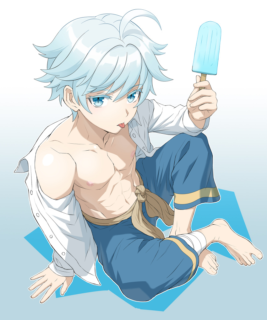 1boy, abs, absurdres, antenna_hair, bangs, bare_shoulders, barefoot, blue_background