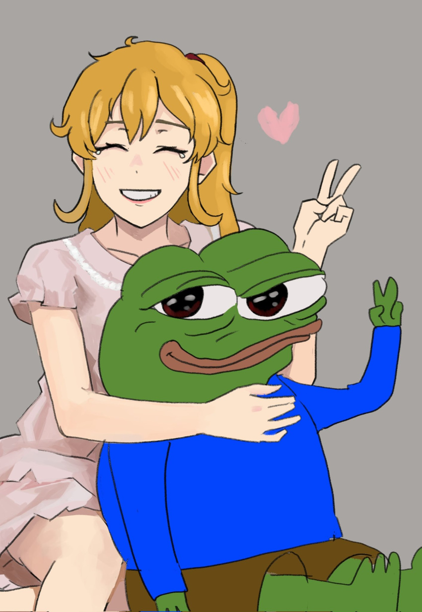 1boy, 1girl, apu_apustaja, ashbie_the_aspie_girl, blonde_hair, boy's_club, closed_eyes, colored_skin, dress, frilled_sleeves, frills, frog, green_skin, grey_background, hair_between_eyes, heart, highres, messy_hair, original, pepe_the_frog, perfect_han, personification, pink_dress, ponytail, teeth, v
