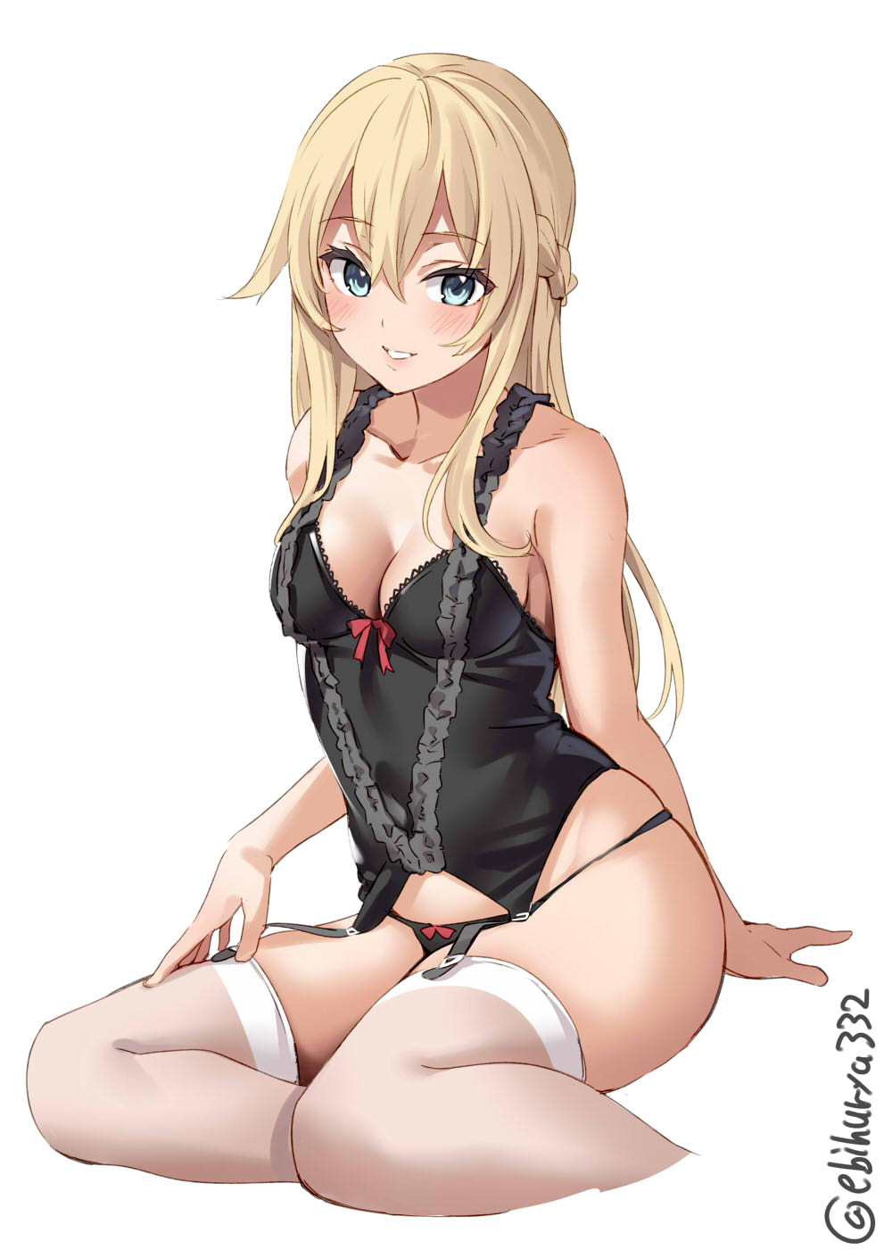 1girl, alternate_costume, black_bra, black_panties, blonde_hair, blue_eyes, blush, bow