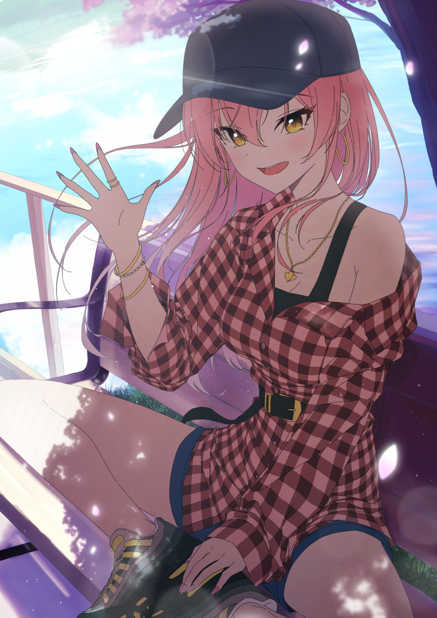 1girl, absurdres, bare_shoulders, baseball_cap, bench, blue_sky, blush, cherry_blossoms, earrings, grass, hat, highres, idolmaster, idolmaster_cinderella_girls, jewelry, jougasaki_mika, komori_(littleforest946), lake, long_hair, nail_polish, necklace, pink_hair, pond, ring, shirt, shorts, sky, tree, waving, wavy_hair, yellow_eyes
