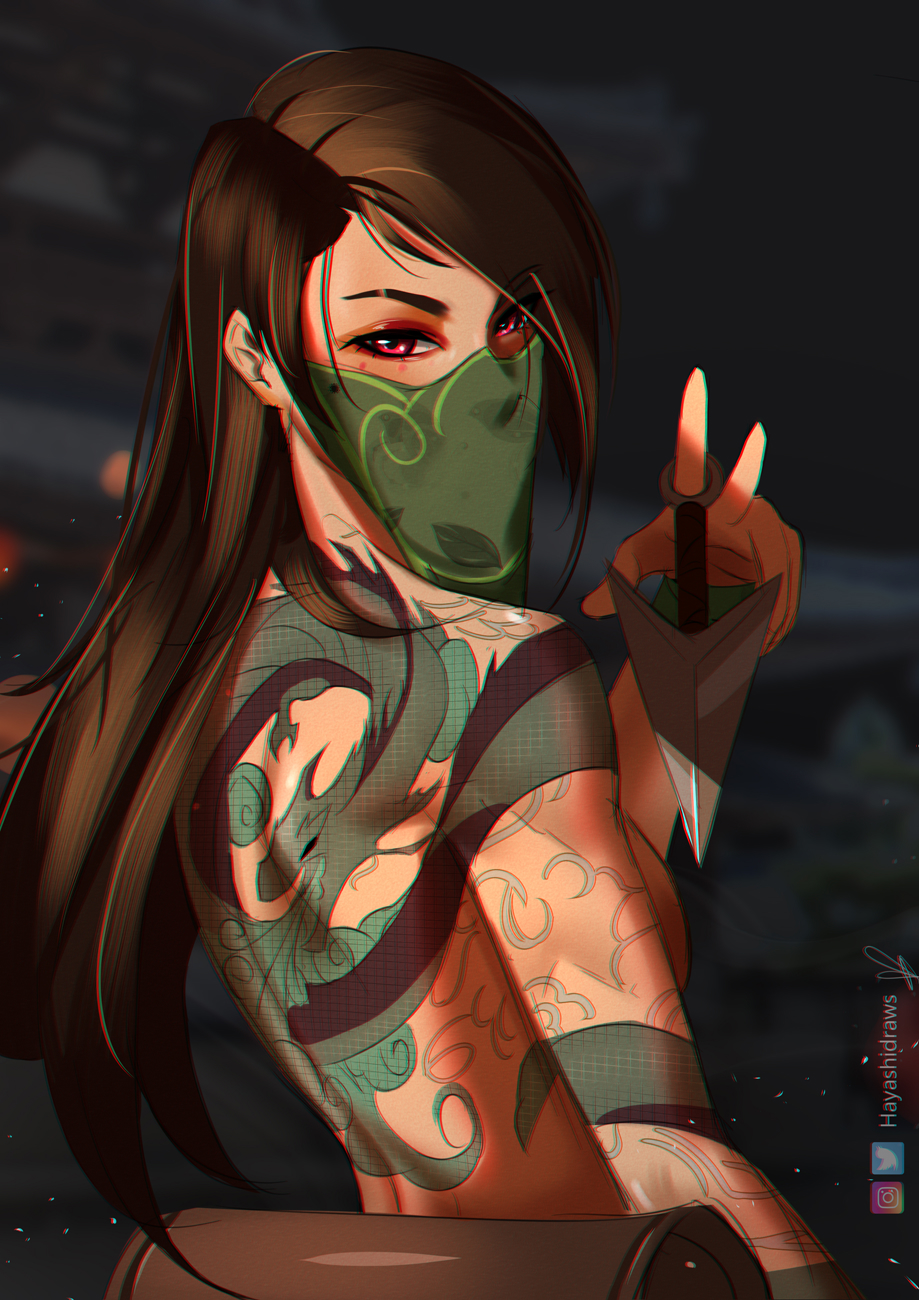1girl, akali, arm_tattoo, artist_name, back, back_tattoo, black_hair, breasts, dagger, dragon_tattoo, english_commentary, green_mask, hair_down, hand_up, hayashidraws, highres, holding, holding_dagger, holding_knife, holding_weapon, instagram_logo, knife, kunai, league_of_legends, light_particles, long_hair, looking_back, mask, medium_breasts, mouth_mask, night, night_sky, red_eyes, sideboob, sky, solo, tattoo, topless, twitter_logo, upper_body, weapon