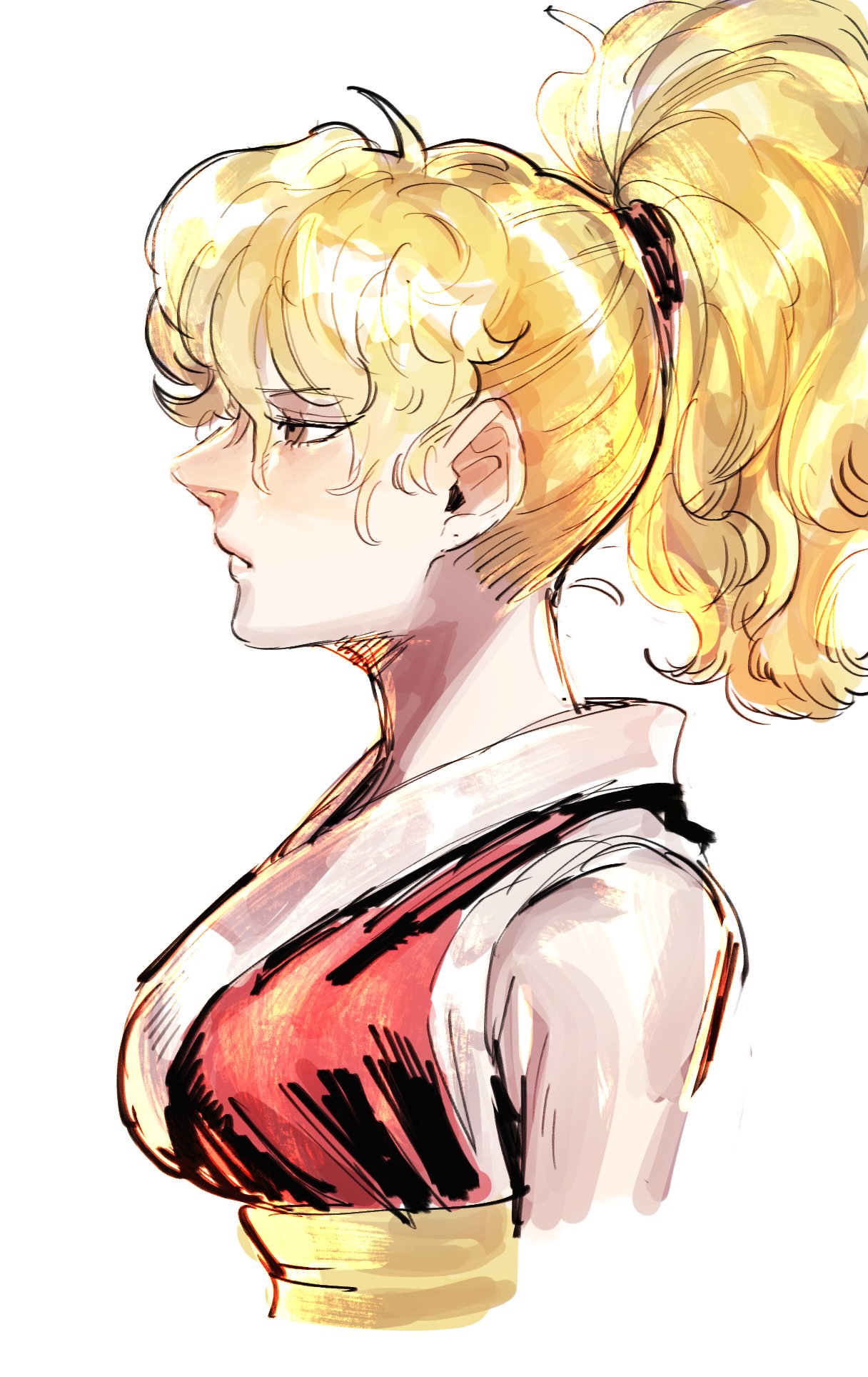 1girl, bare_shoulders, blonde_hair, blush, brown_eyes, capcom_vs_snk, closed_mouth, dancho_no_mori, final_fight, grey_background, hatching_(texture), highres, long_hair, maki_genryusai, ponytail, profile, shiny, shiny_hair, simple_background, solo, street_fighter, upper_body
