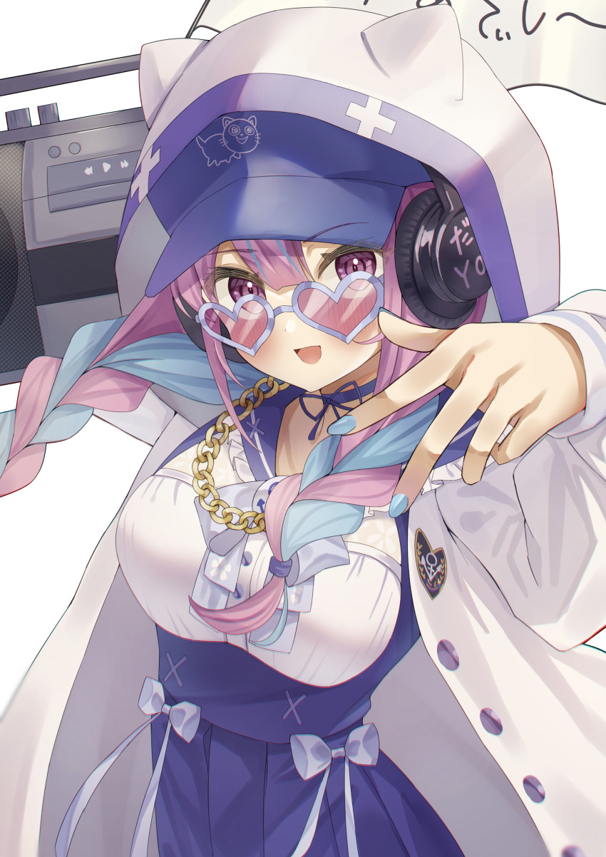 1girl, :d, absurdres, anchor_symbol, bangs, baseball_cap, black_choker, blue_hair, blue_headwear, blue_skirt, bow, braid, breasts, chain, character_profile, choker, collarbone, commentary_request, eyebrows_visible_through_hair, flag, gold_chain, grey_bow, hair_between_eyes, hat, headphones, highres, hololive, hood, hood_up, hooded_jacket, jacket, long_hair, long_sleeves, looking_at_viewer, medium_breasts, minato_aqua, multicolored_hair, neko_(minato_aqua), on_shoulder, open_clothes, open_jacket, pink_hair, pleated_skirt, puffy_long_sleeves, puffy_sleeves, rykysd, shirt, simple_background, skirt, smile, solo, stereo, streaked_hair, translation_request, twin_braids, twintails, violet_eyes, virtual_youtuber, white_background, white_jacket, white_shirt