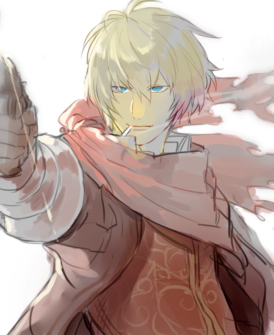 1boy, billy_the_kid_(fate), blonde_hair, blue_eyes, brown_jacket, cigarette, cowboy, cowboy_western