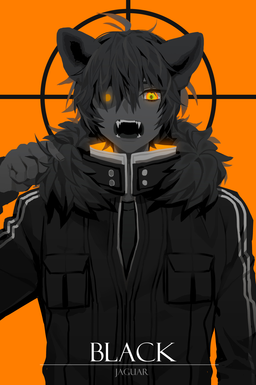1boy, absurdres, ahoge, animal_ears, black_hair, black_jacket, black_skin, breast_pocket