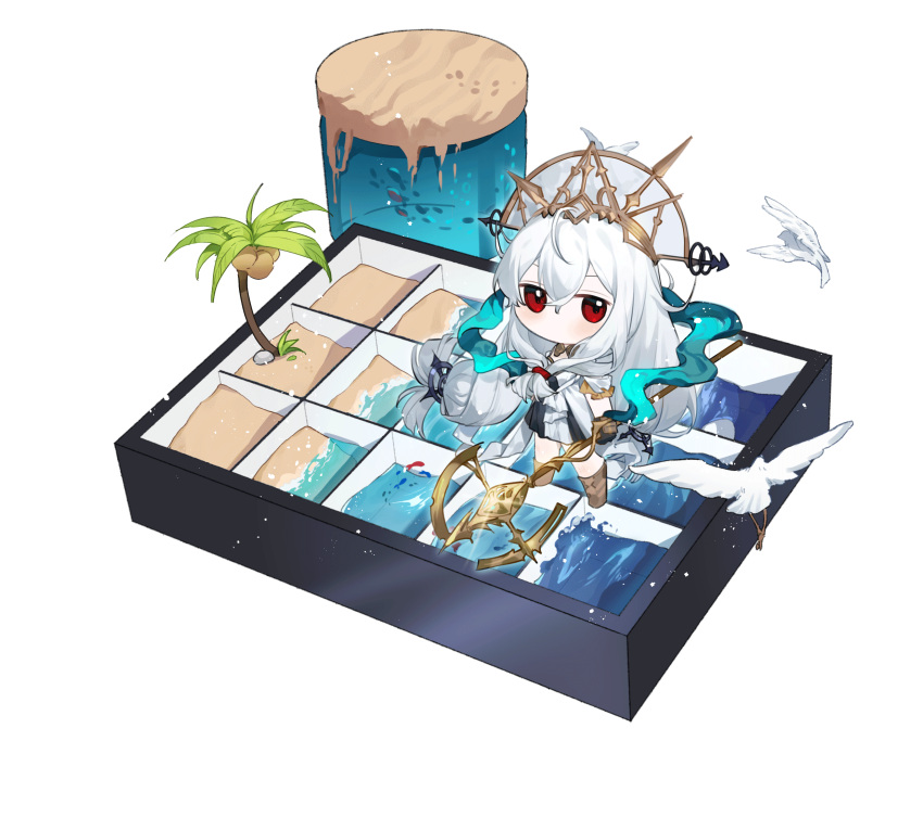 1girl, animal, animated, animated_gif, arknights, bangs, beach, bird, black_dress, black_gloves, blinking, boots, brown_footwear, chibi, coconut, coconut_tree, commentary_request, dress, eyebrows_behind_hair, fish, floating_hair, gloves, hair_between_eyes, highres, holding, long_hair, looking_at_viewer, maorongxingqiu, palm_tree, red_eyes, sand, simple_background, skadi_(arknights), skadi_the_corrupting_heart_(arknights), solo, standing, tree, very_long_hair, water, white_background, white_hair, white_headwear