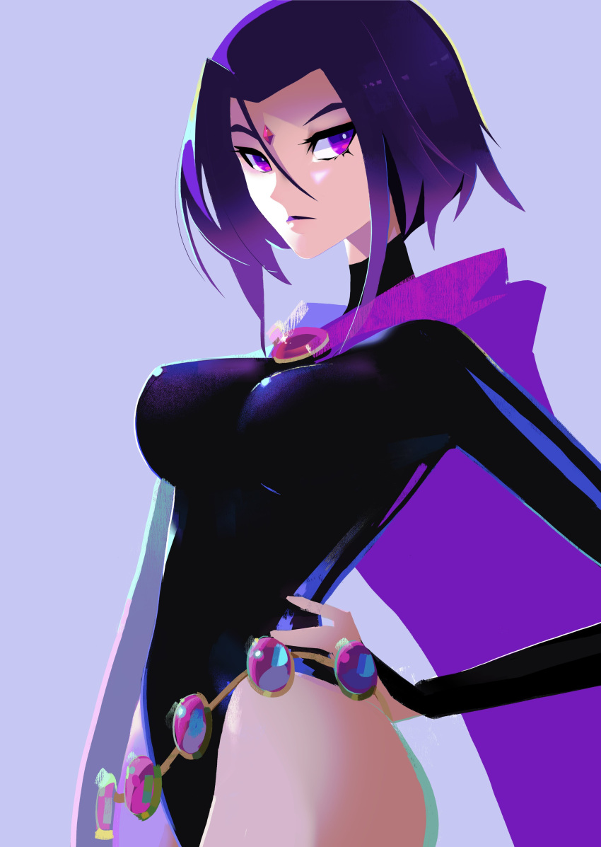 1girl, absurdres, belt, black_leotard, breasts, coat, dc_comics, forehead_jewel, frown, hair_between_eyes, hand_on_hip, highres, leaning_back, leotard, looking_to_the_side, medium_breasts, nem_graphics, purple_background, purple_coat, purple_hair, raven_(dc), short_hair, solo, teen_titans, violet_eyes