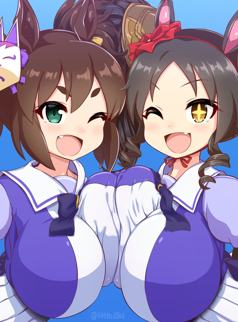 +_+, 2girls, :d, animal_ears, asymmetrical_docking, breast_press, breasts, brown_hair
