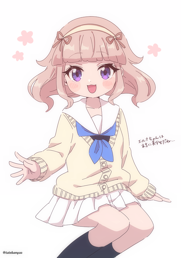 1girl, :3, :d, amami_elna, bangs, blunt_bangs, blush_stickers, bow_hairband, brown_hair, calf_socks, cardigan, eyebrows_visible_through_hair, hairband, invisible_chair, long_sleeves, looking_at_viewer, neckerchief, open_mouth, outstretched_arm, pleated_skirt, school_uniform, serafuku, short_hair, sitting, skirt, smile, solo, tabana, translation_request, twitter_username, violet_eyes, youkai_watch, youkai_watch_jam:_youkai_gakuen_y