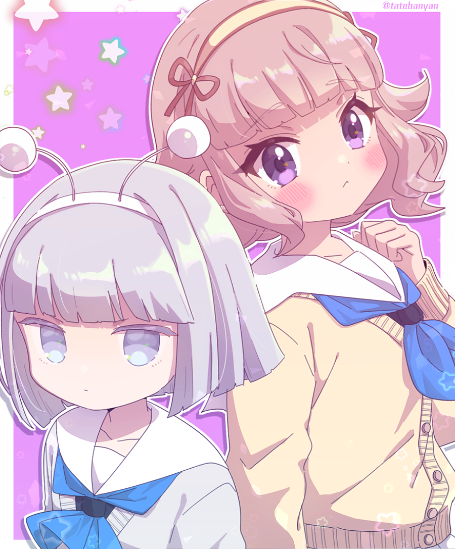 2girls, amami_elna, antennae, bangs, blunt_bangs, blunt_ends, blush, bow_hairband