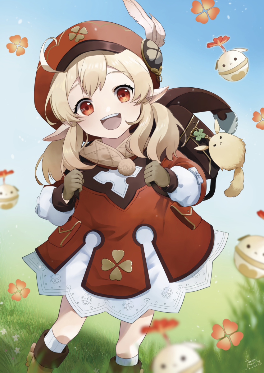 1girl, :d, absurdres, ahoge, backpack, bag, bag_charm, bangs