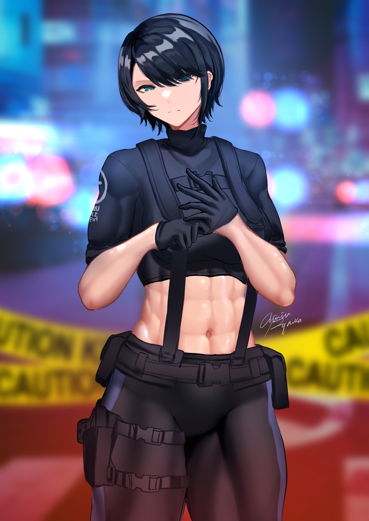 1girl, abs, belt, black_hair, car, caution_tape, gloves, ground_vehicle