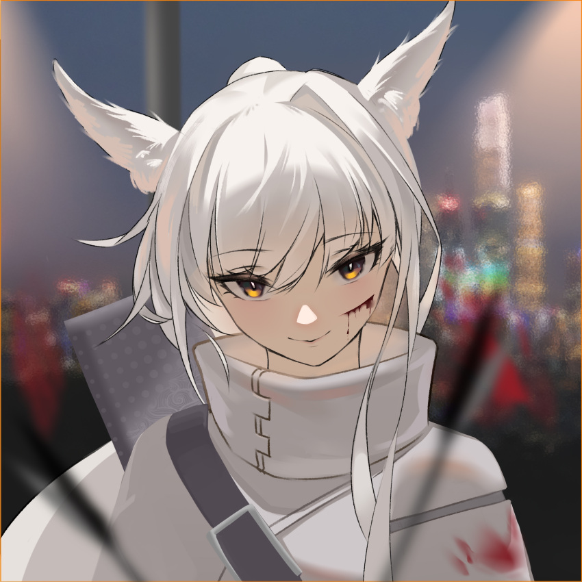 1girl, absurdres, animal_ears, arknights, arrow_(projectile), blood, blood_on_clothes, blood_on_face, blurry, blurry_foreground, closed_mouth, coat, cuts, eyebrows_visible_through_hair, eyelashes, hair_between_eyes, highres, horse_ears, indoors, injury, long_hair, looking_at_viewer, night, orange_eyes, platinum_(arknights), ponytail, pov, qingshiliu, quiver, single_hair_intake, skyline, smile, solo, tsurime, upper_body, white_coat, white_hair, window