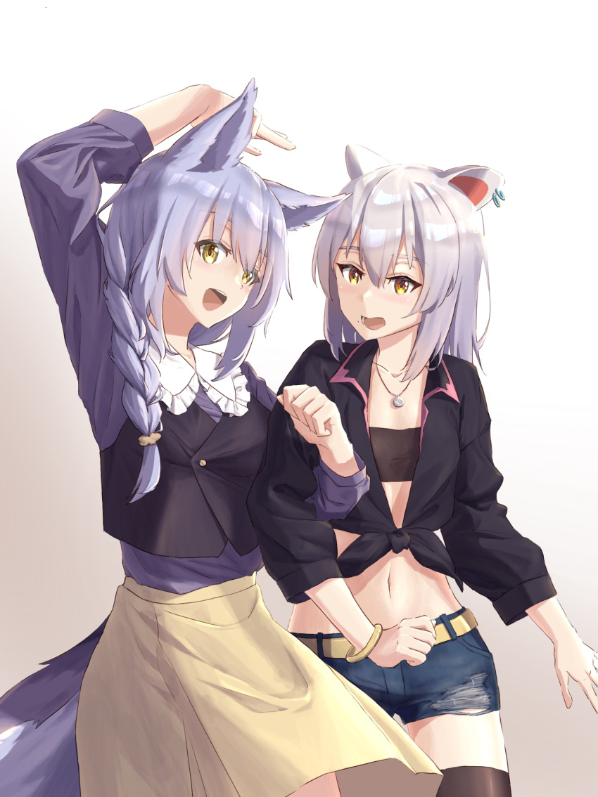 2girls, absurdres, alternate_costume, animal_ears, arknights, blush, braid, commentary_request