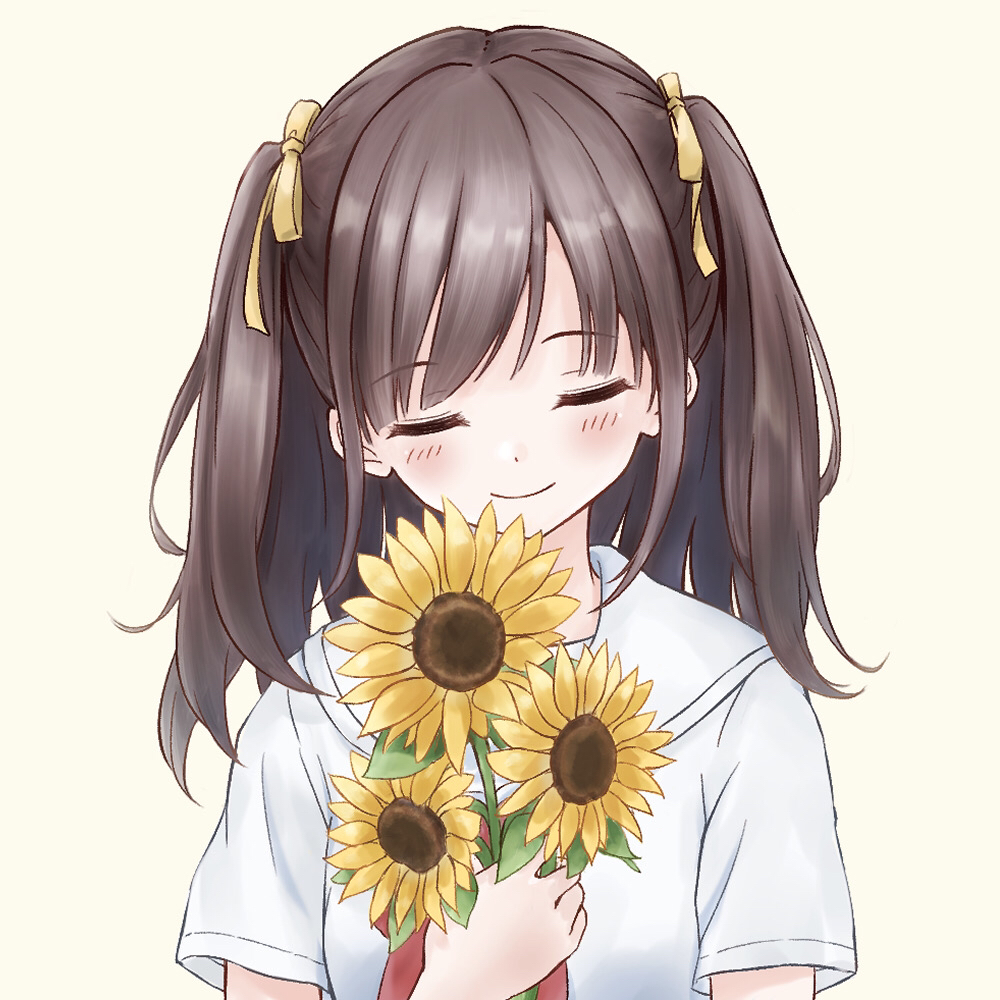 1girl, bangs, blush, brown_hair, closed_eyes, eyebrows_visible_through_hair, flower, free_palet