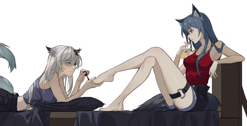 2girls, :3, absurdres, alternate_costume, animal_ears, arknights, arm_support, barefoot