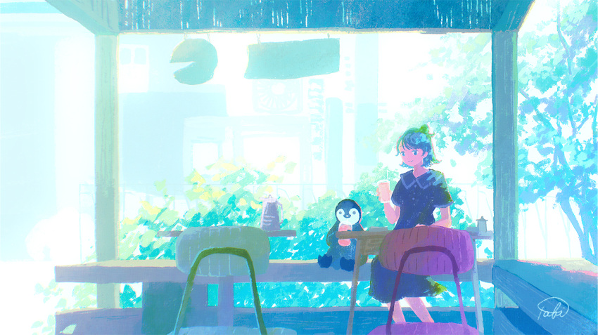 1girl, awning, bench, bird, black_dress, blue_hair, blurry, blurry_background