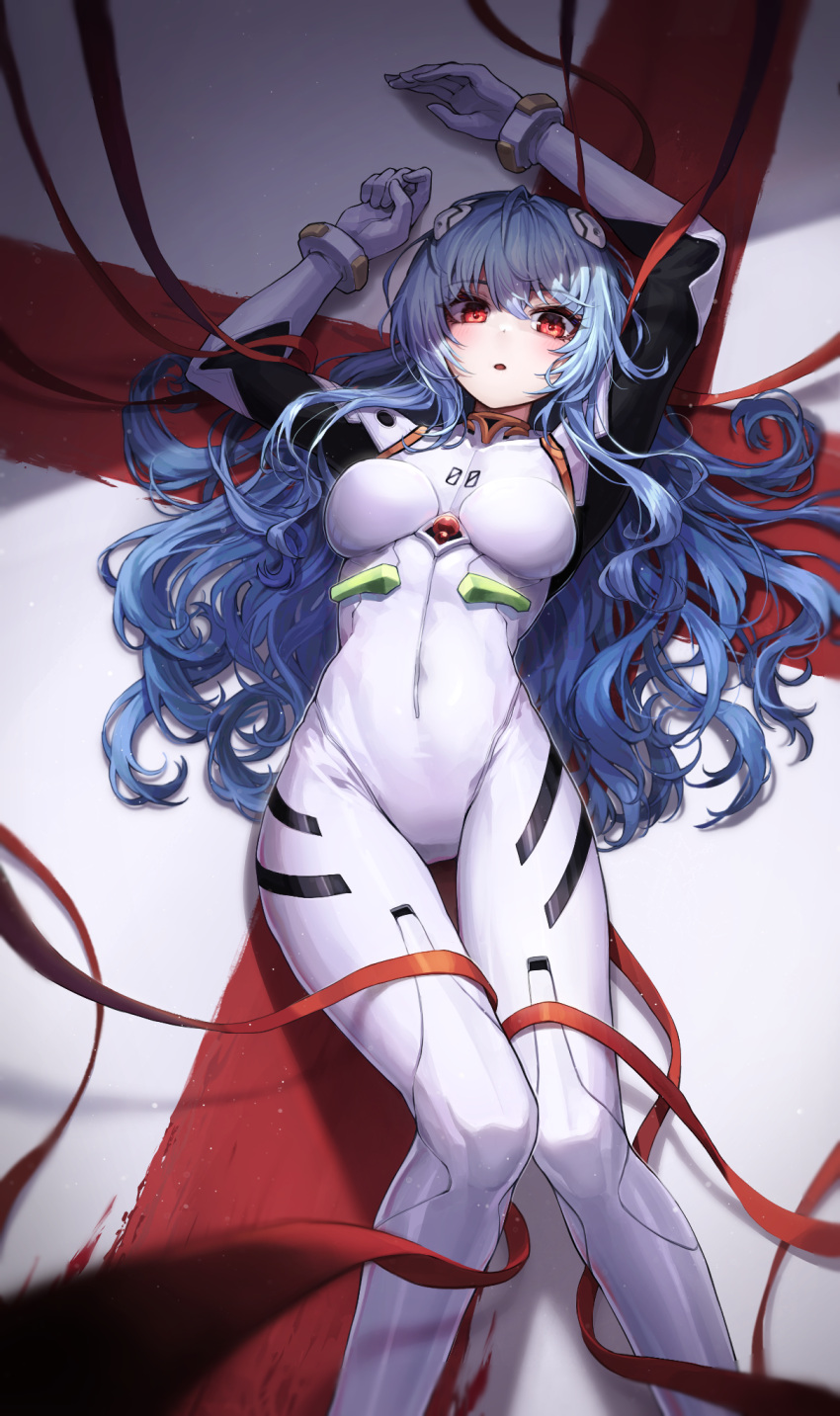 1girl, :o, ayanami_rei, bangs, blue_hair, blush, bodysuit, breasts