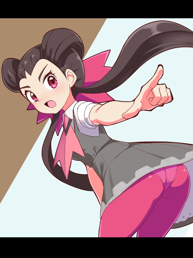 1girl, ascot, ass, bent_over, black_hair, bow, collared_shirt, cougar_(cougar1404)