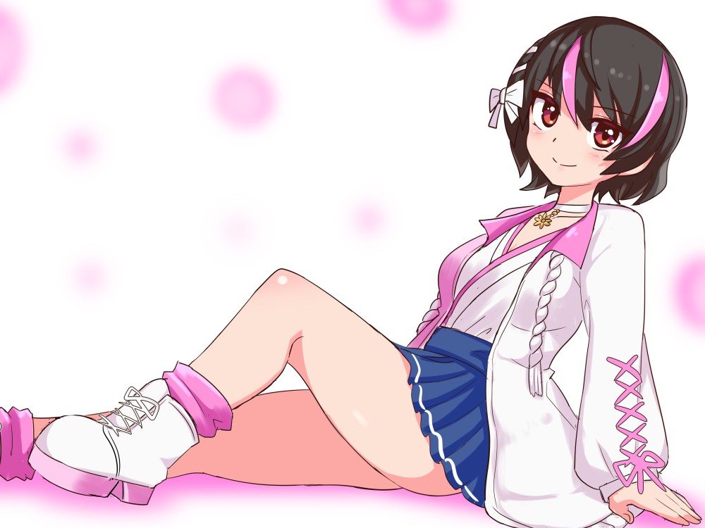 1girl, ankle_boots, arm_support, bangs, beatus_creation, blue_skirt, boots, border