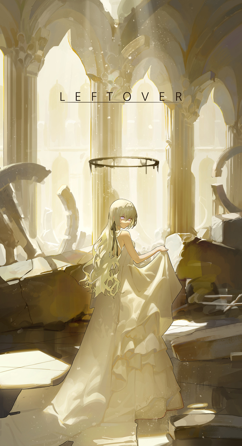 1girl, black_ribbon, column, dress, english_text, expressionless, hair_ribbon, halo