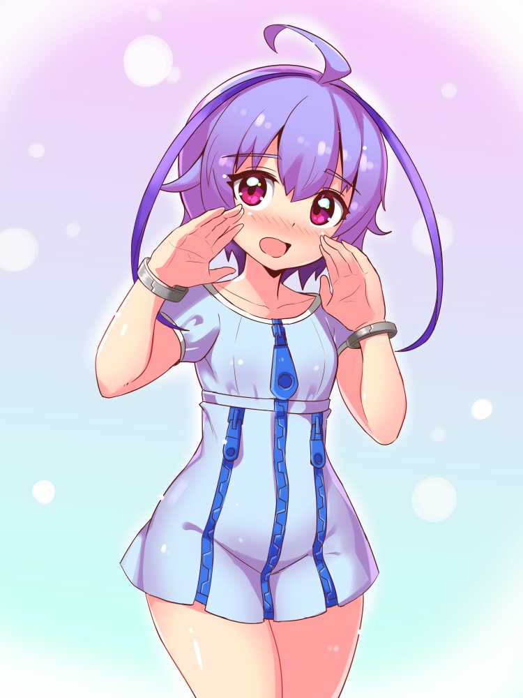 ahoge, azure_striker_gunvolt, bangs, blue_dress, blue_hair, blush, bracelet, calling